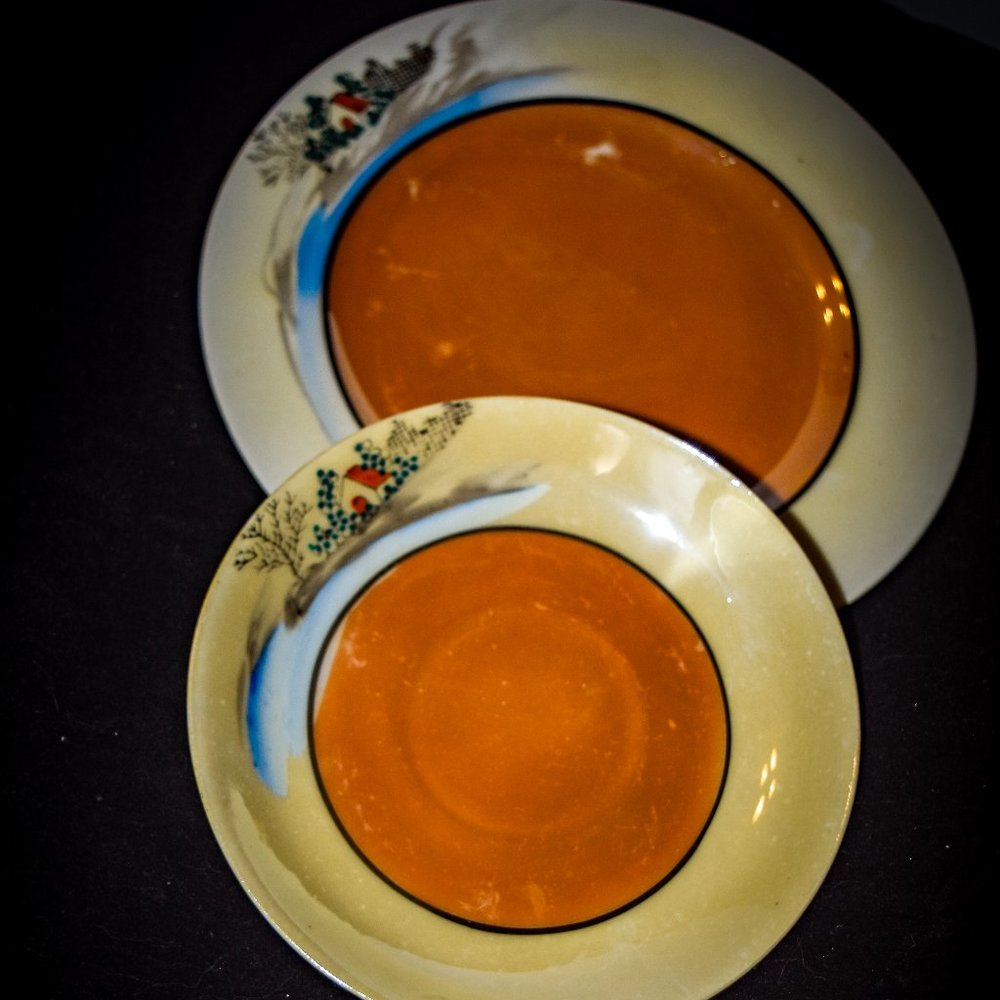Vintage Japanese Lusterware Scenic Landscape Plate & Saucer Set – Hand-Painted